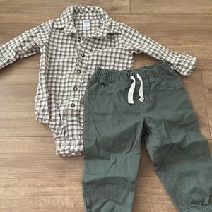 Carter's Plaid Button Baby Bodysuit & Olive Drawstring Pants Set Size 12M